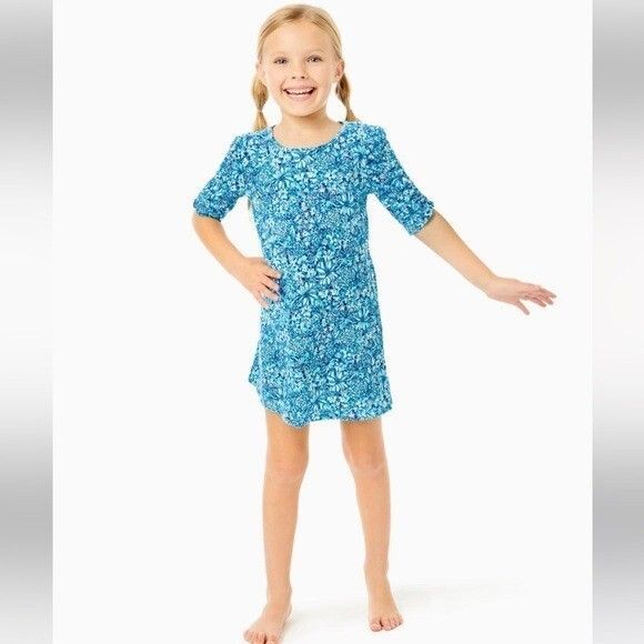 Lilly Pulitzer Girls Mini Belden Dress Cumulus Blue Blooming Together S 278557